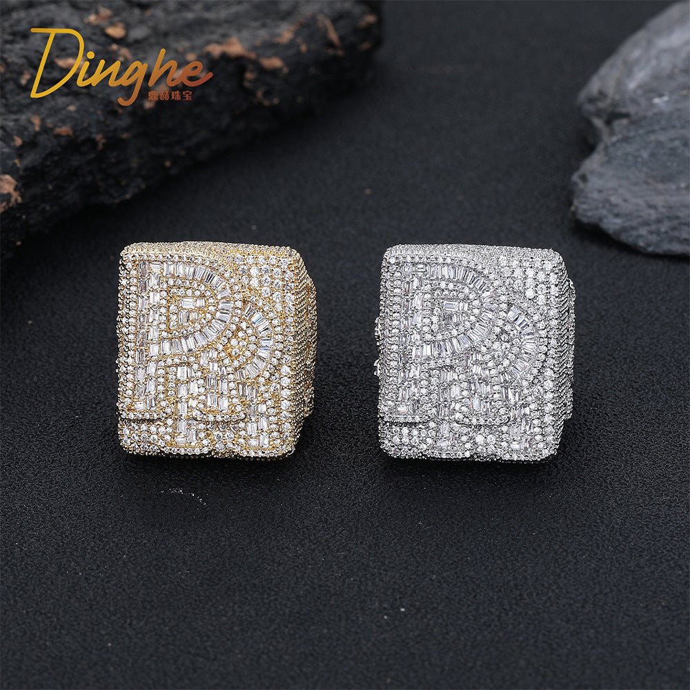 Iced Out R Letter Square Ring, Hip Hop Unisex Statement Ring, Gold and White Gold Tone