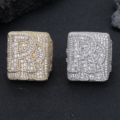 Iced Out R Letter Square Ring, Hip Hop Unisex Statement Ring, Gold and White Gold Tone