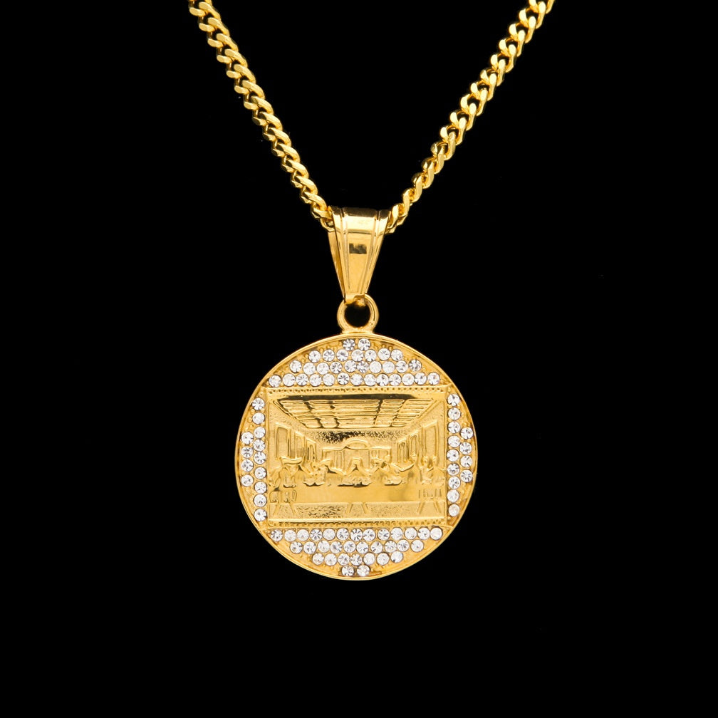 Gold Plated Round Pendant Necklace with Crystal Accent Border and 3mm Cuban Chain product image