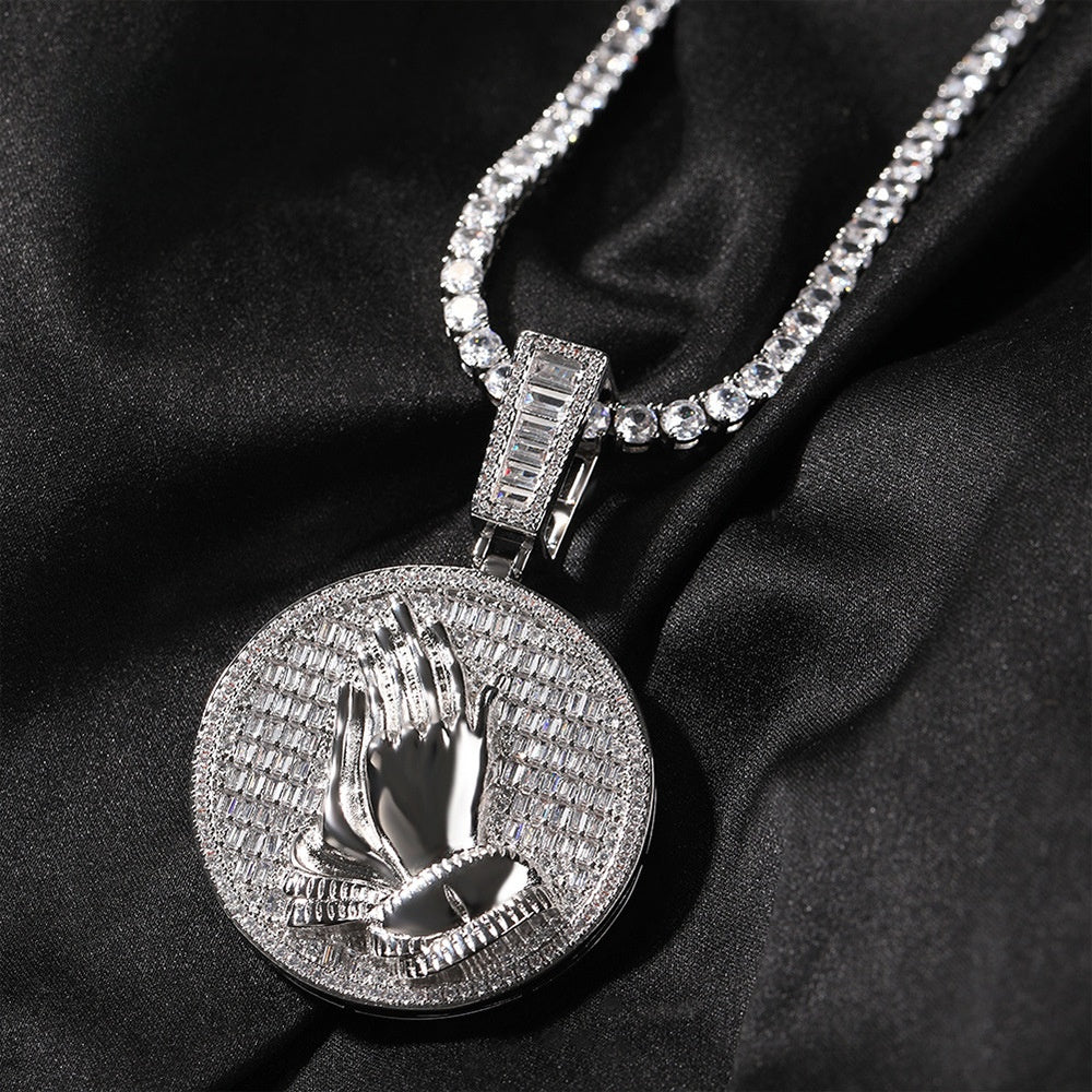 Iced Praying Hands Round Pendant Necklace with Cubic Zirconia Twist Chain for Women and Men