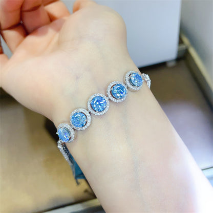 Blue Halo Tennis Bracelet for Women, VVS1 Moissanite Round Link Bracelet