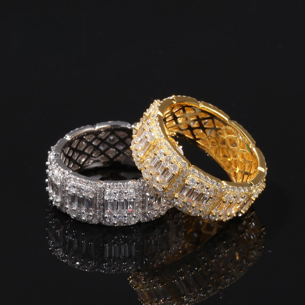 Unisex Iced Out Circular Band Ring with Cubic Zirconia in Gold or Silver Plated, 8mm/10mm Statement Ring