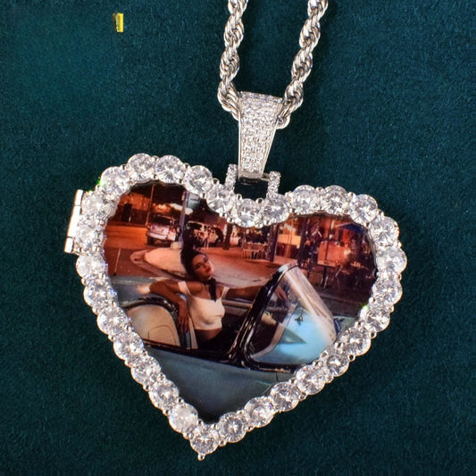 Iced Heart Photo Pendant Necklace Unisex
