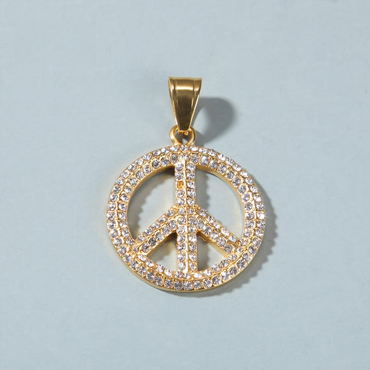 Iced Peace Sign Pendant Necklace for Women in Gold Tone Stainless Steel with Cubic Zirconia Round Hip Hop Chain