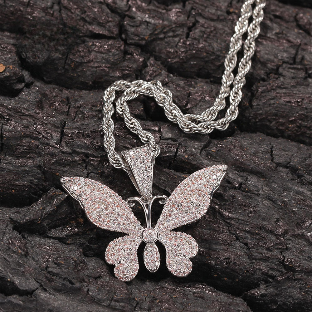 Iced Butterfly Pendant Necklace with Cuban or Rope Chain - Cubic Zirconia Statement Chain for Women and Men product image