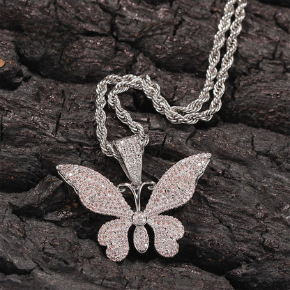 Iced Butterfly Pendant Necklace with Cuban or Rope Chain - Cubic Zirconia Statement Chain for Women and Men