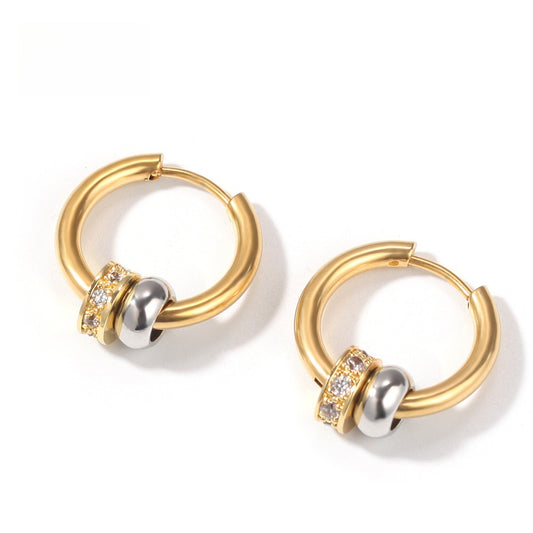 Gold Plated Stainless Steel Round Hoop Earrings with Crystal Accent for Women and Men