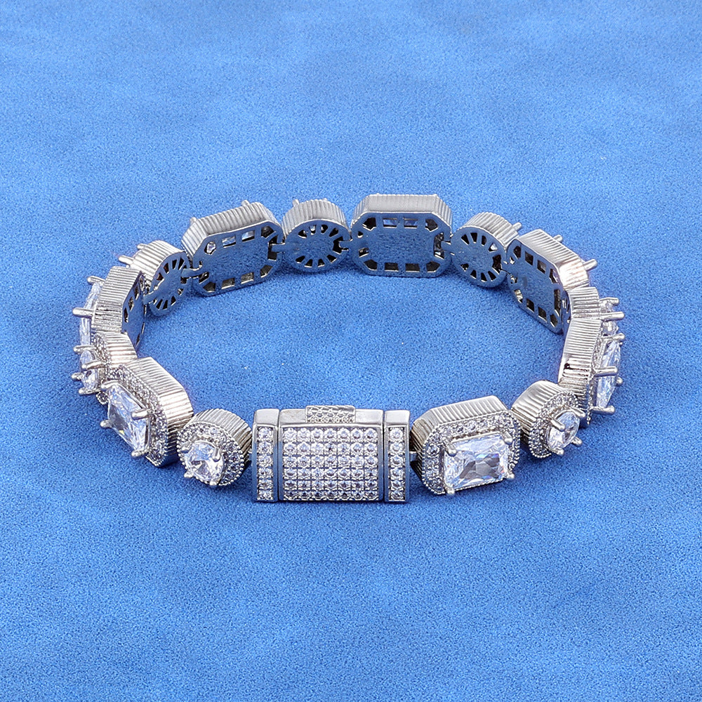10 mm Round and Rectangular CZ Halo Link Hip Hop Bracelet with Silver Base - CHA116 product image