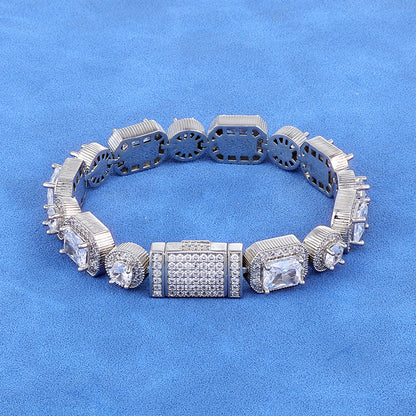 10 mm Round and Rectangular CZ Halo Link Hip Hop Bracelet with Silver Base - CHA116