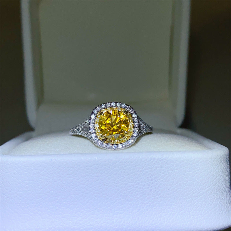 Yellow Moissanite Halo Ring for Women, Cushion Cut Engagement Ring Style, Geometric U-Shape Band product image