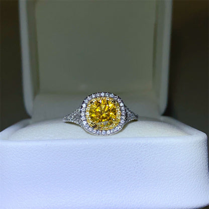 Yellow Moissanite Halo Ring for Women, Cushion Cut Engagement Ring Style, Geometric U-Shape Band