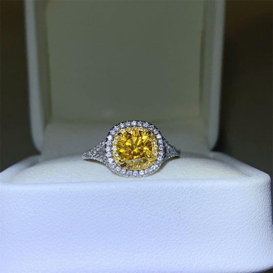 Yellow Moissanite Halo Ring for Women, Cushion Cut Engagement Ring Style, Geometric U-Shape Band