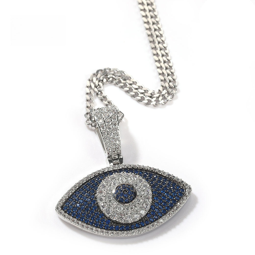 Evil Eye Pendant Necklace for Women with Crystal Detail, 24 Inch Stainless Steel Twist Chain, Gold or Silver Tone Statement Jewelry