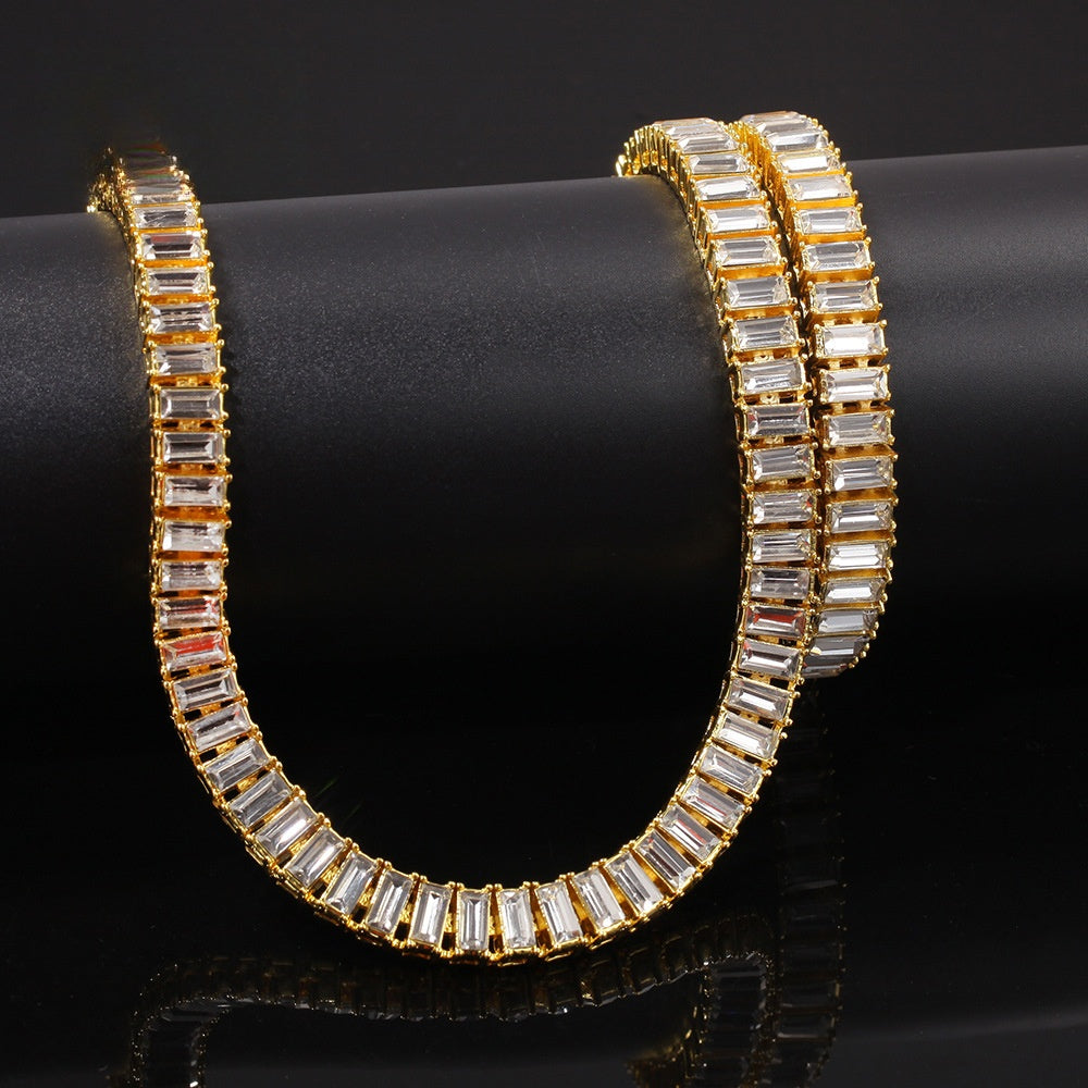 Gold Plated Baguette Crystal Chain Necklace Bracelet Set for Women and Men
