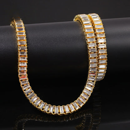 Gold Plated Baguette Crystal Chain Necklace Bracelet Set for Women and Men