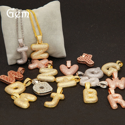Unisex Bubble Letter Pendant Necklace with Cubic Zirconia, Gold Silver Rose Gold Initial Charm on 60cm Cuban Chain