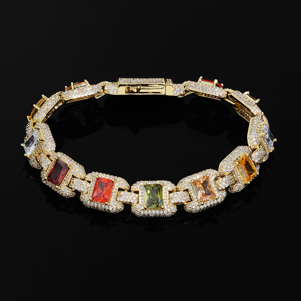 12 mm Multicolor Square Halo CZ Link Hip Hop Bracelet with Copper Base - CHA427 product image