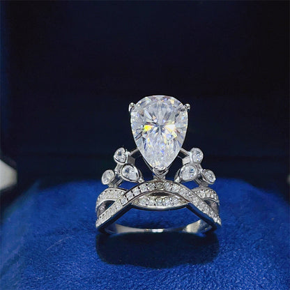 5 Carat Pear Cut Moissanite Crown Ring for Women, Halo Engagement Ring