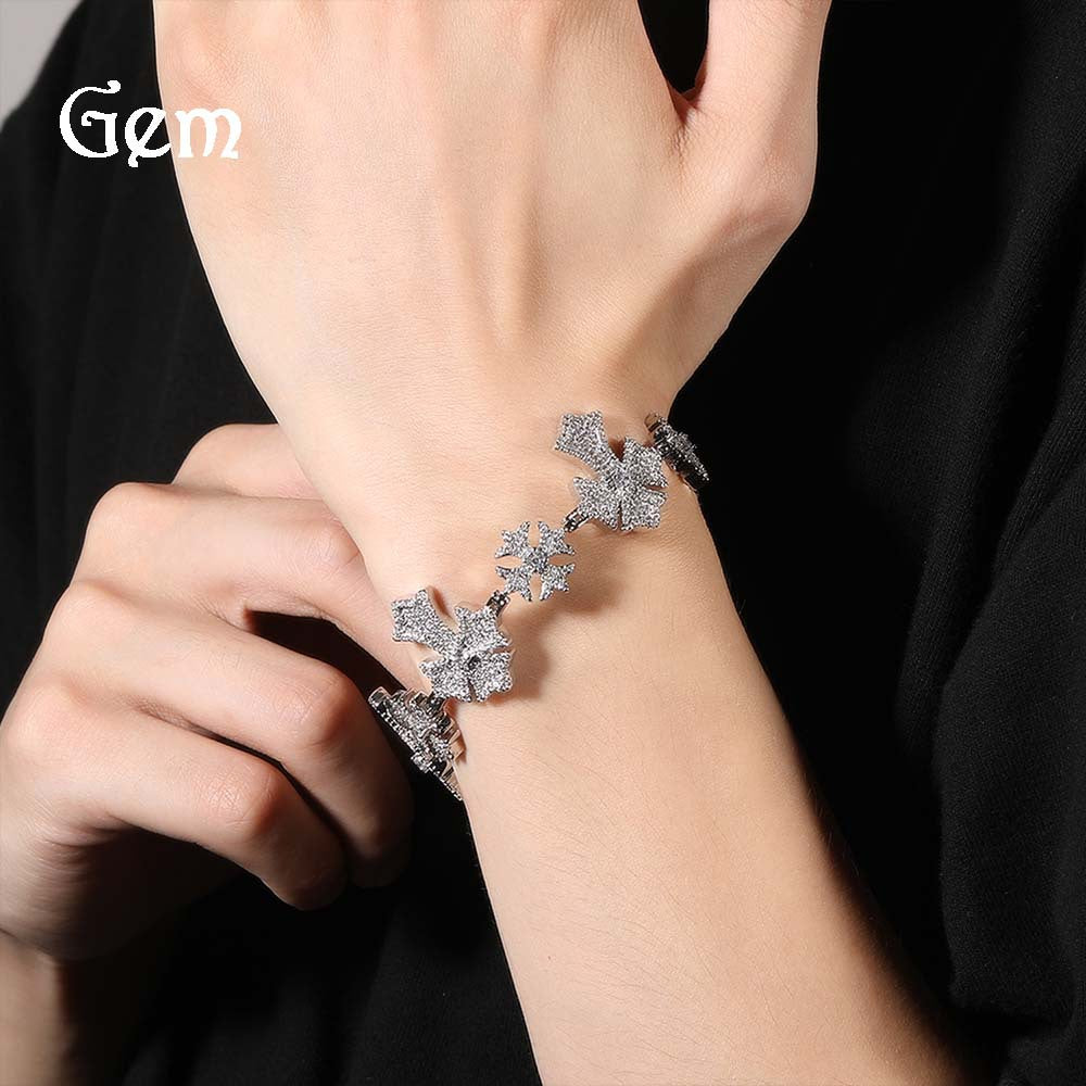 Iced Snowflake Cuban Link Bracelet for Women & Men - Cubic Zirconia Copper Chain Bracelet in Gold or Silver, 7inch/8inch