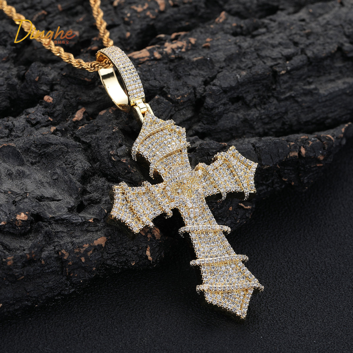 Iced Cross Pendant Necklace, Cubic Zirconia Rope Chain, Vintage Streetwear Jewelry product image