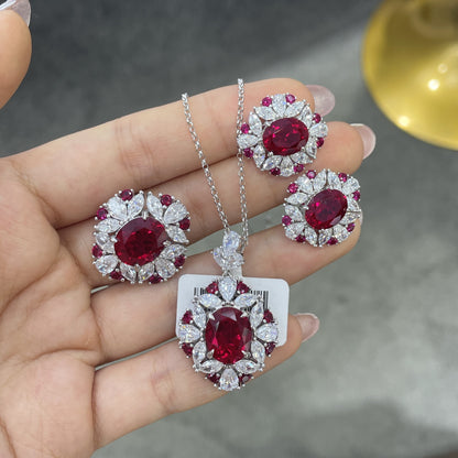 S925 Sterling Silver Ruby Halo Ring for Women, Floral Red Gemstone Ring
