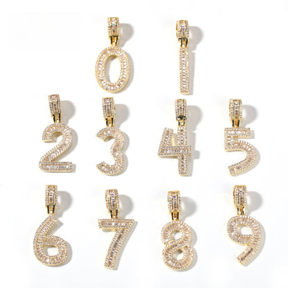 Men’s Iced Number Pendant Necklace with Cubic Zirconia, Gold or Silver Plated Numeric Charm Chain