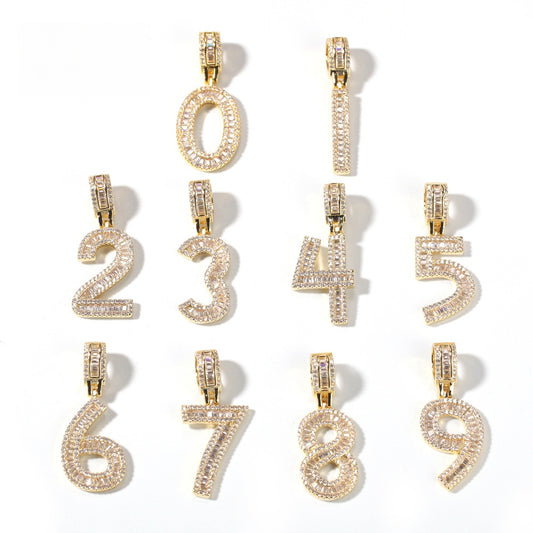 Men’s Iced Number Pendant Necklace with Cubic Zirconia, Gold or Silver Plated Numeric Charm Chain