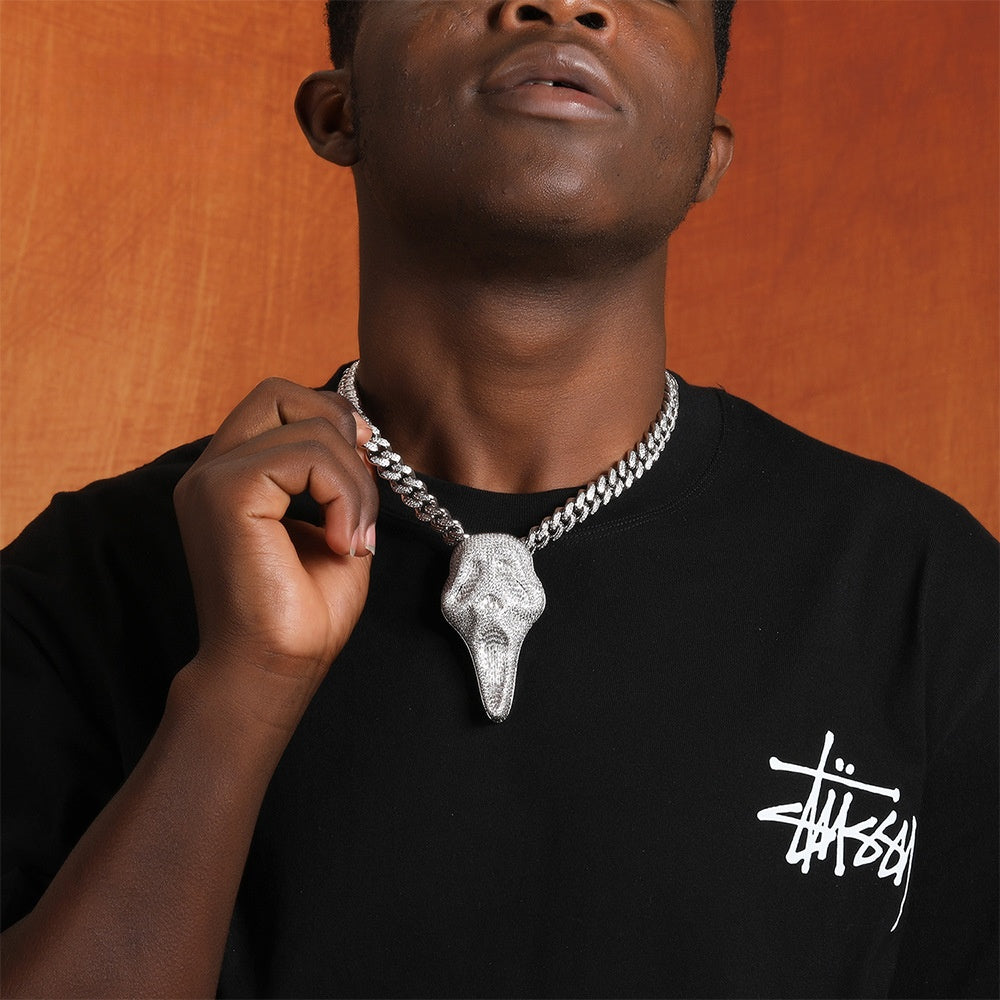 Iced Skull Head Pendant Necklace with Cubic Zirconia Twisted Chain - Hip Hop Statement Necklace in Gold or Silver