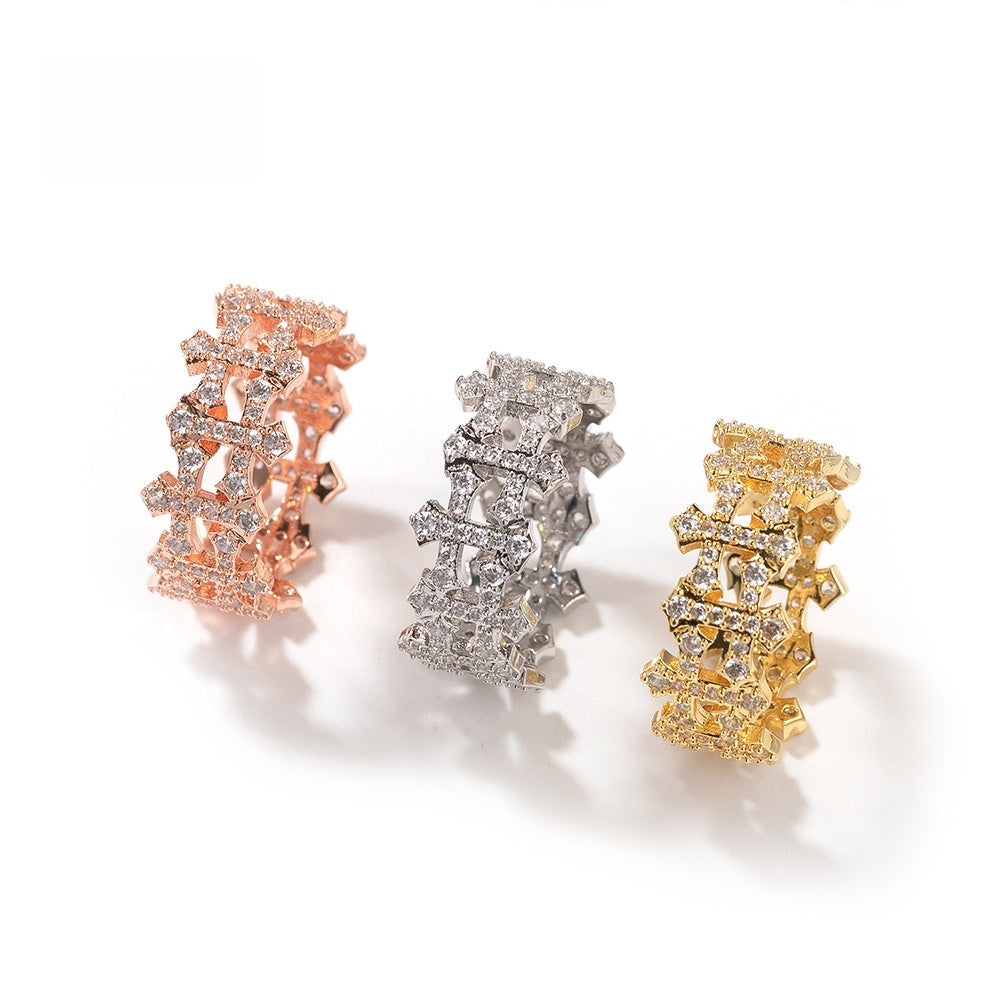 Unisex Cross Cubic Zirconia Statement Ring – Gold, Silver & Rose Gold Stackable Hip Hop Style Ring