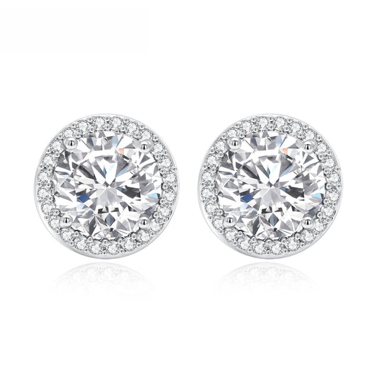 Round Halo Cubic Zirconia Stud Earrings for Women in Silver Plated Copper