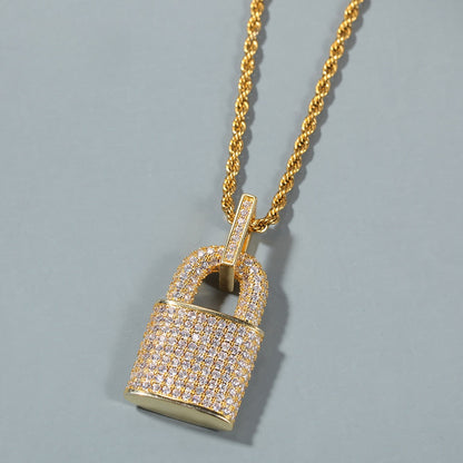 Iced Lock Pendant Necklace with Cuban Twist Chain for Women & Men - Gold Plated or Silver Plated Cubic Zirconia Statement Chain