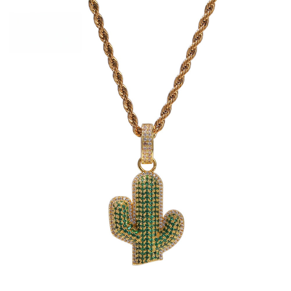 Iced Cactus Pendant Necklace for Women & Men - Cubic Zirconia Statement Chain in Gold or Silver Tone