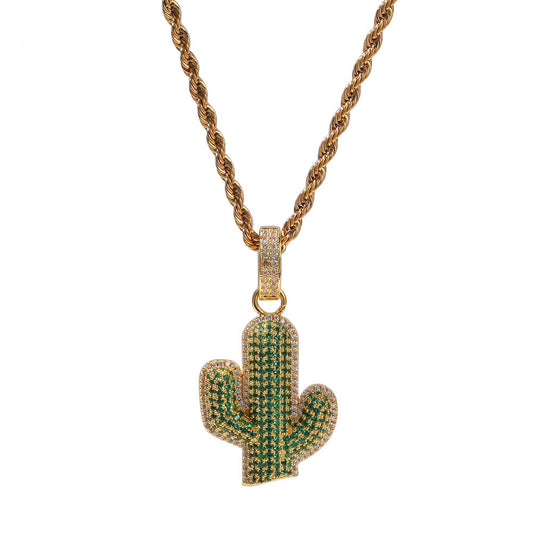 Iced Cactus Pendant Necklace for Women & Men - Cubic Zirconia Statement Chain in Gold or Silver Tone