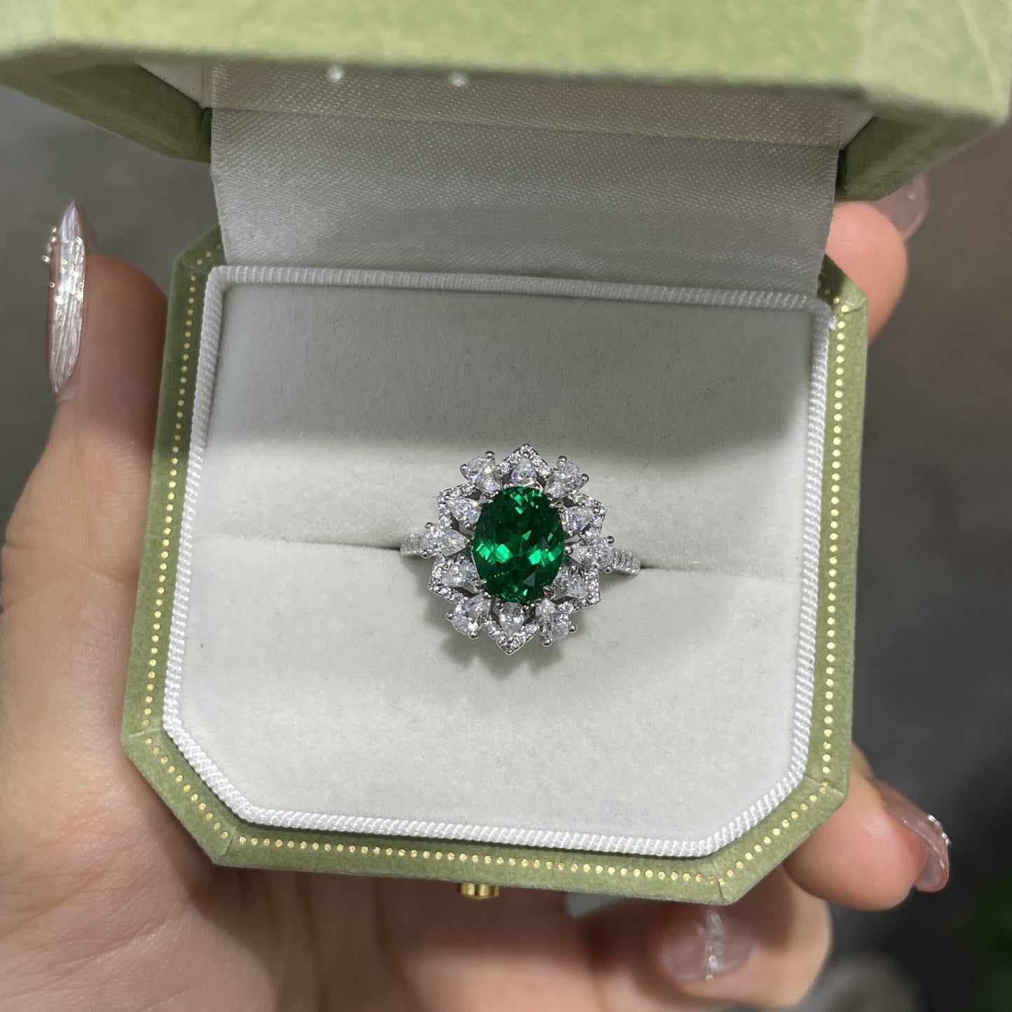 Green Halo Ring for Women, Oval Green Gemstone Promise Ring, S925 Silver product image