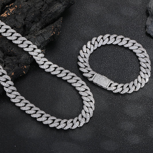12mm Iced Out Cuban Link Chain Necklace & Bracelet, Zirconia Hip Hop Jewelry