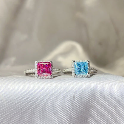 Princess Cut Halo Moissanite Ring for Women, Pink or Blue Engagement Ring, S925 Polished Statement Ring