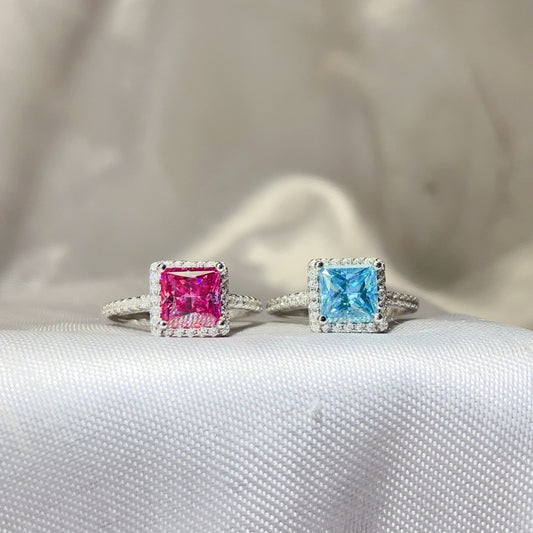 Princess Cut Halo Moissanite Ring for Women, Pink or Blue Engagement Ring, S925 Polished Statement Ring