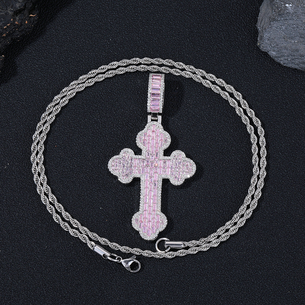 Pink Zircon Cross Pendant Necklace, 3MM Twisted Rope Chain, 24 Inch, Geometric