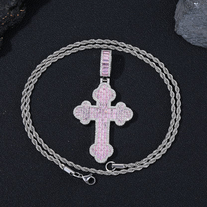 Pink Cubic Zirconia Cross Pendant Necklace, 3MM Twisted Rope Chain, 24 Inch, Geometric