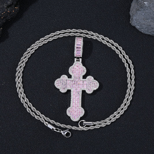 Pink Zircon Cross Pendant Necklace, 3MM Twisted Rope Chain, 24 Inch, Geometric