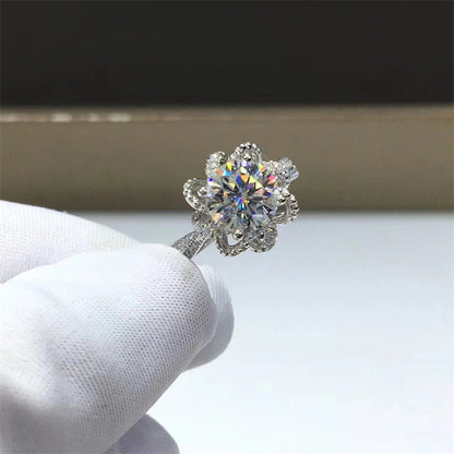 Women’s Flower Halo Moissanite Ring, 1CT/2CT Round Center Stone, Sizes 9-20