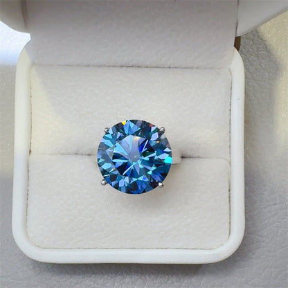 Blue Moissanite Ring for Women, Round Cut Four-Prong Solitaire Ring, 1 to 10 Carat Sizes 9-20