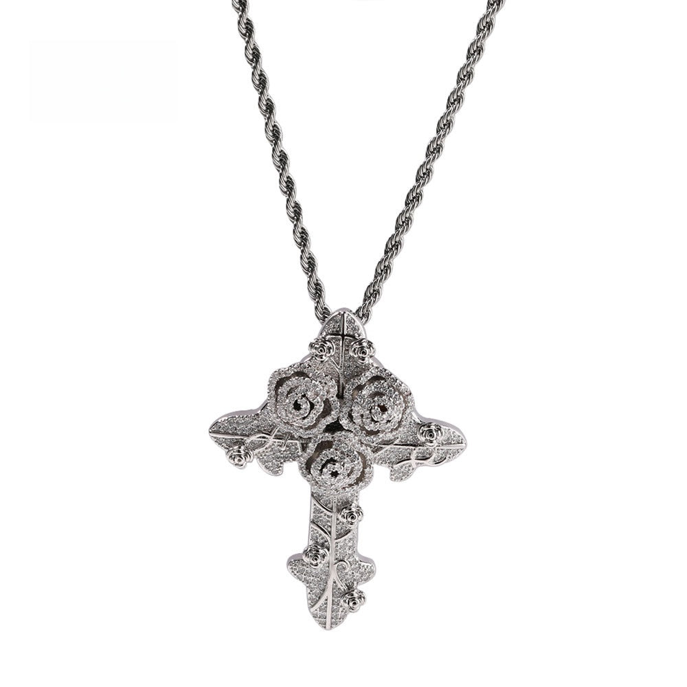 Vintage Rose Cross Pendant Necklace with Cubic Zirconia Twisted Chain for Women product image