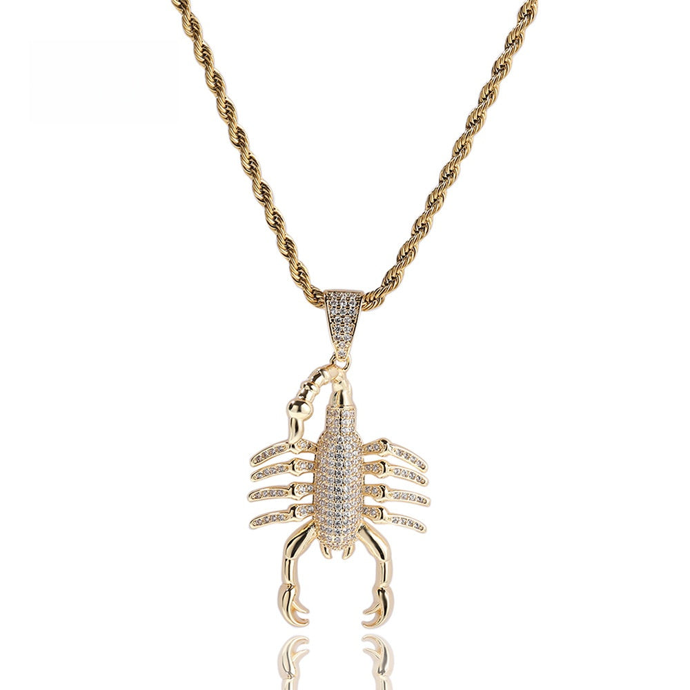 Iced Scorpion Pendant Necklace for Women and Men - Cubic Zirconia Animal Statement Chain in Gold or Silver Tone
