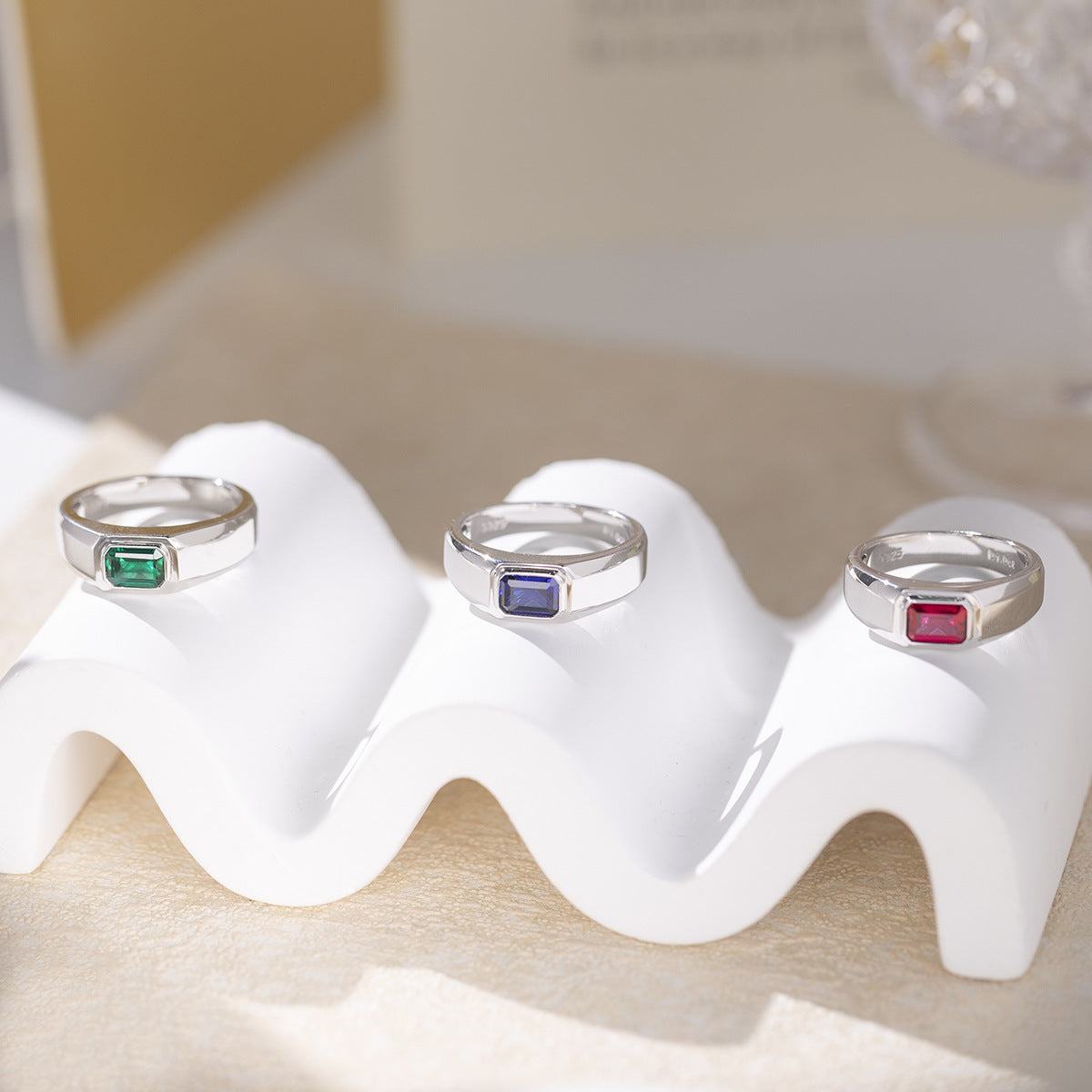 Men’s Rectangular Color Stone Ring, Silver-Tone Signet Style Ring, Green Blue Red Variant product image