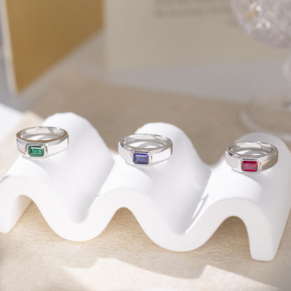 Men’s Rectangular Color Stone Ring, Silver-Tone Signet Style Ring, Green Blue Red Variant