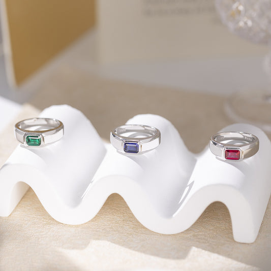 Men’s Rectangular Color Stone Ring, Silver-Tone Signet Style Ring, Green Blue Red Variant product image