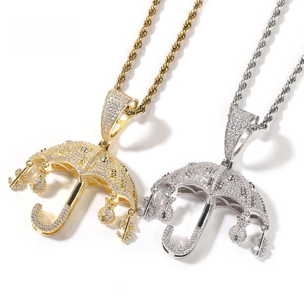 Iced Umbrella Pendant Necklace for Women – Cubic Zirconia Hip Hop Statement Chain in Gold or Silver Tone, 24 Inch Twisted Rope Chain