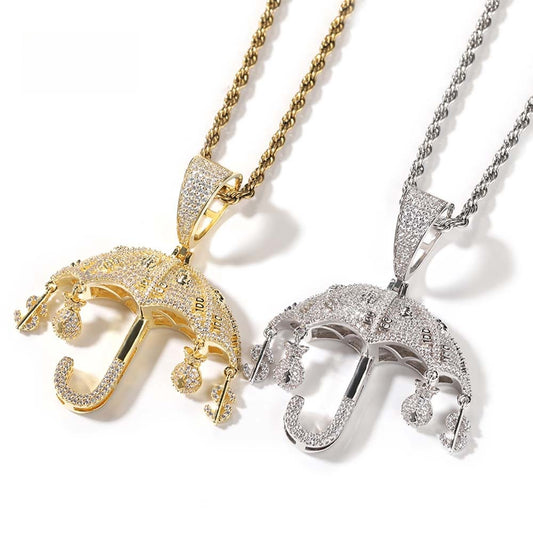 Iced Umbrella Pendant Necklace for Women – Cubic Zirconia Hip Hop Statement Chain in Gold or Silver Tone, 24 Inch Twisted Rope Chain