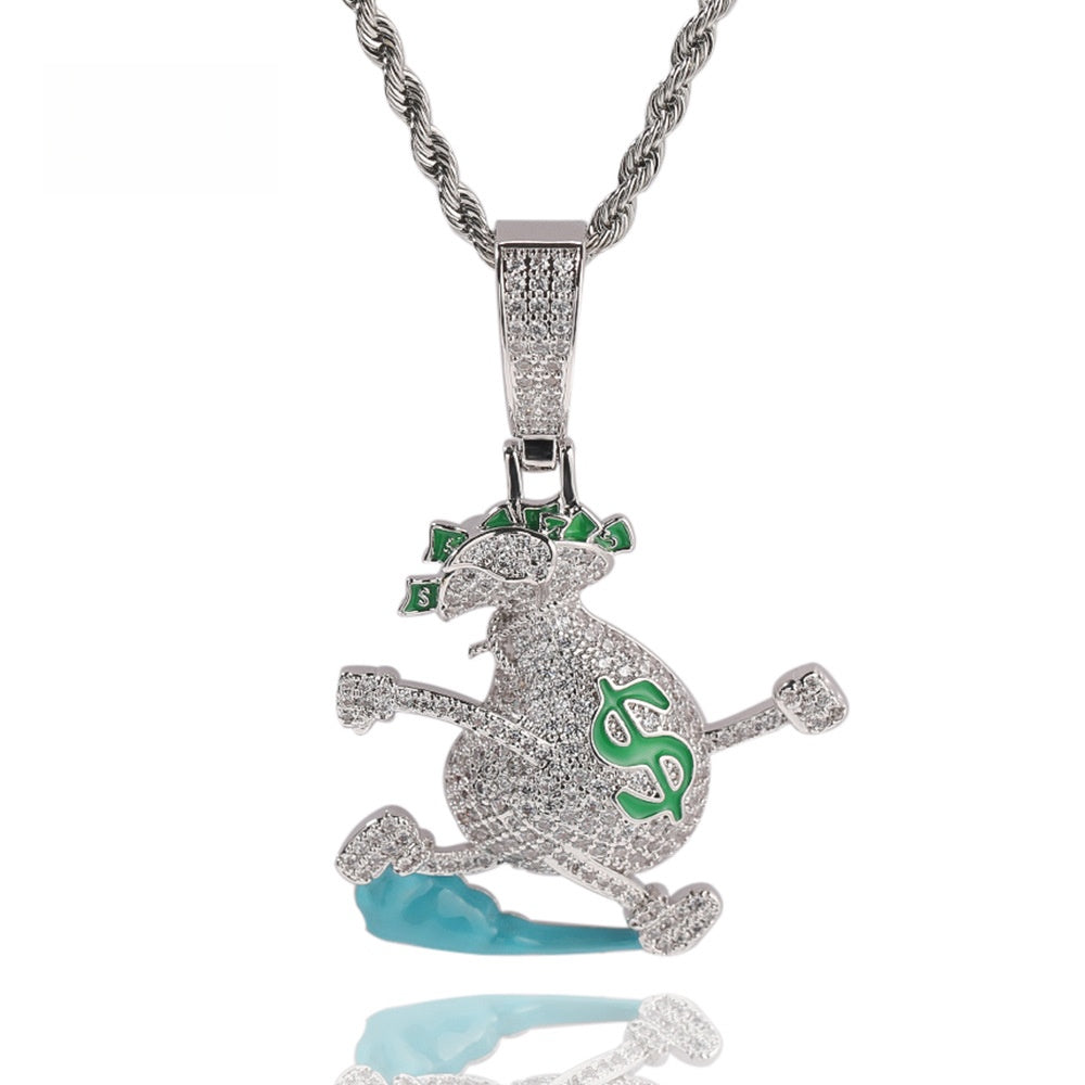 Men’s Cartoon Money Bag Pendant Necklace with Cubic Zirconia Twisted Chain - Gold Plated or Silver Plated Hip Hop Statement Jewelry